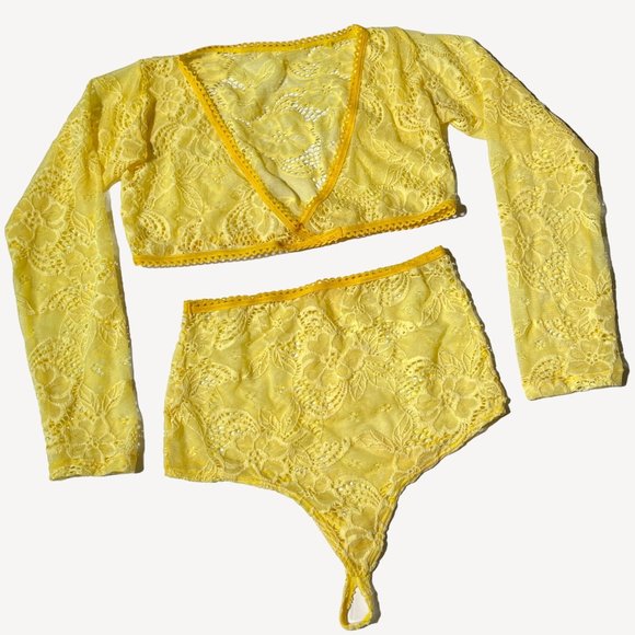 Nadhenri&co Two Tone Yellow Lace Lingerie Set Long Sleeve and High Waised Bottom - Picture 1 of 10